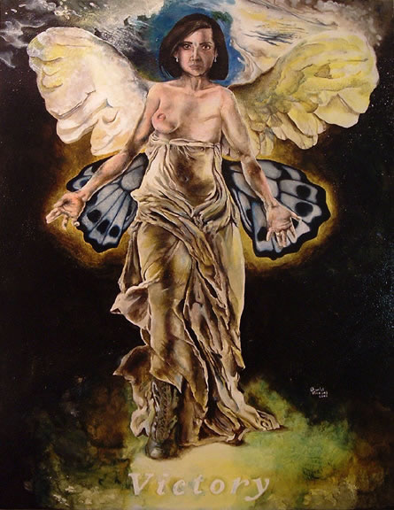 Charles Vincent - Victory - A winged woman stands with arms open slightly. She has a matectomy scar on her left. Her body is similar to winged victory.
