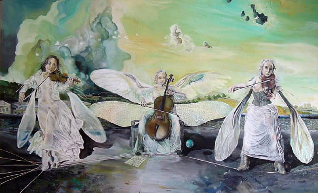 Three winged women on top of a factory beneath a dramatic sky, stand on a string that winds togehter from left to right, and play a violin, cello, and viola.