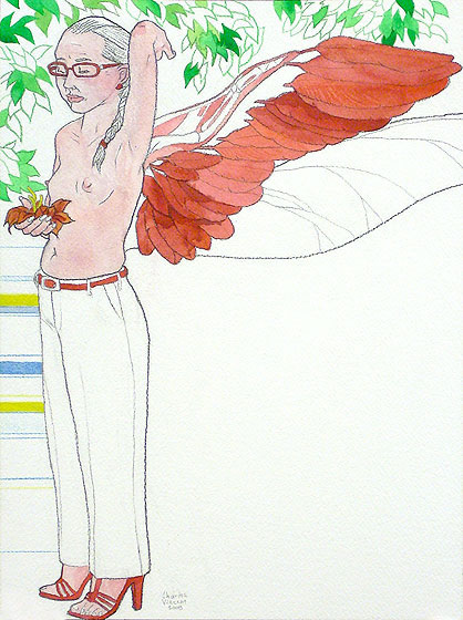 Crimaons Story - A winged woman wearing glasses and pants but no shirt looks at petals in front of a leafy tree.