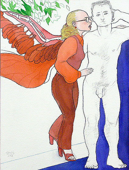 Exposition - A winged woman in an orange and  burgundy enseble whispers to an uncoloured naked man in front of a leafy tree.