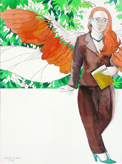 The Proceeder - A winged woman in a suit with a book infromnt of leaves of a tree.