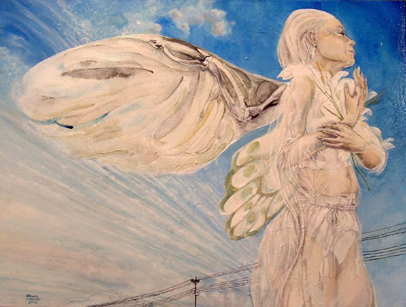 Charles Vincent - Past Promises - A winged woman holds lilies to her chest in front of electrical lines.