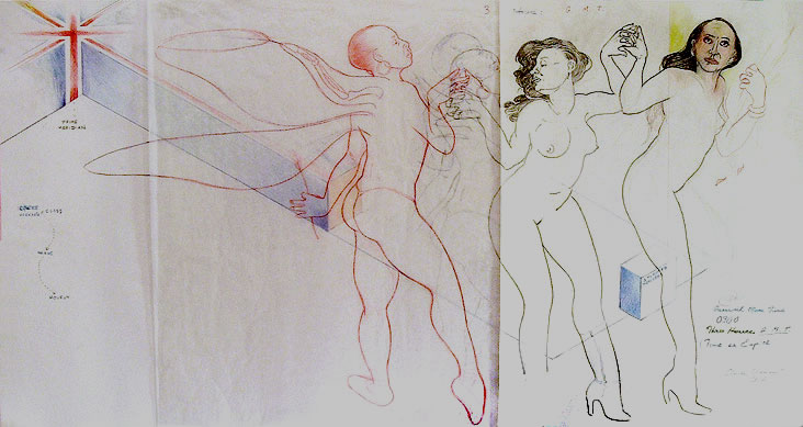 Charles Vincent - Three Hours / Greenwich Mean Time - Three winged women dance on mulitple sheets of paper in multiple images with a Union Flag that morphs into an isometirci diagram.